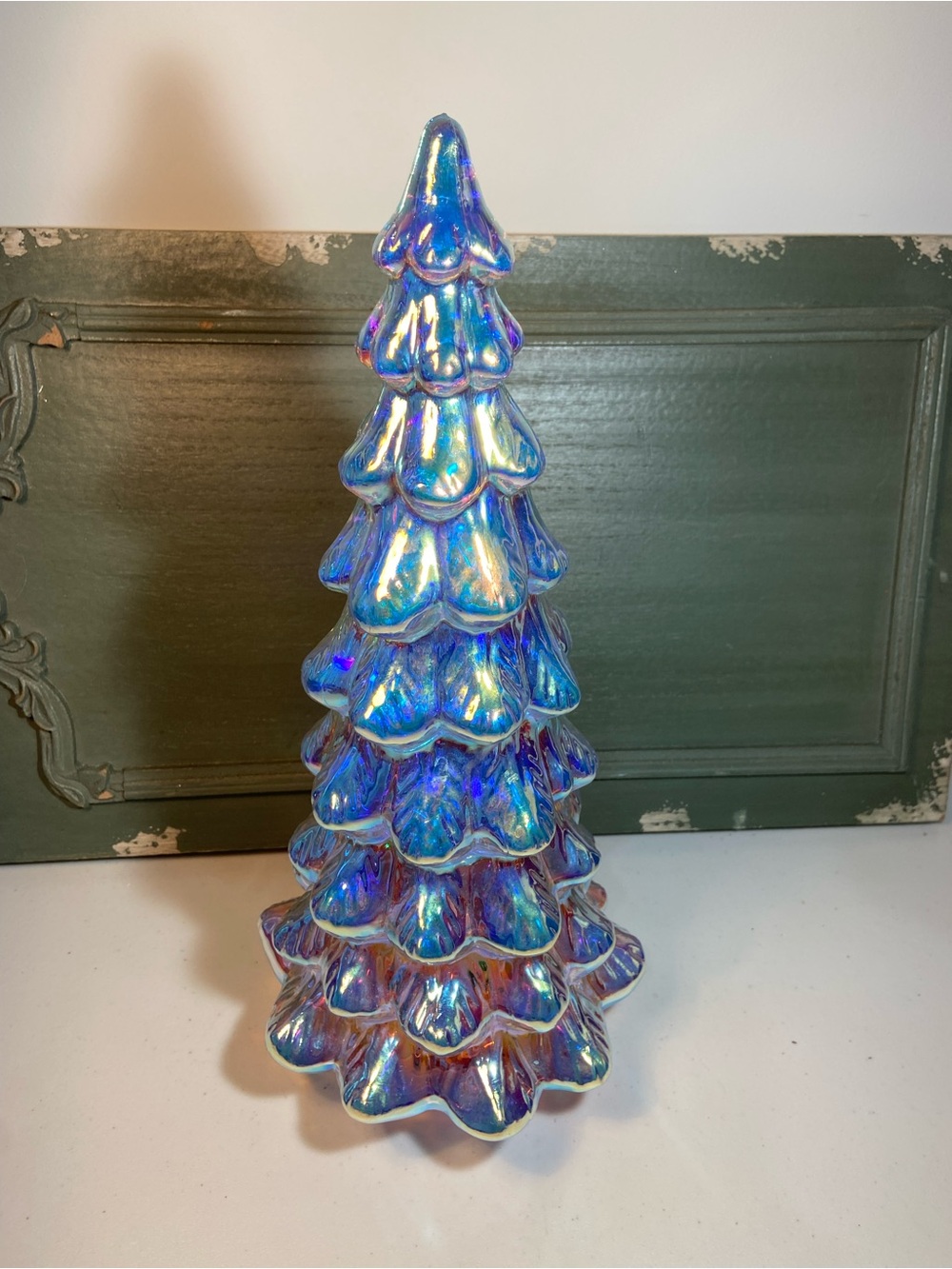 Iridescent Blue Lighted Glass Holiday Tree - Tabletop Decorative Home Accent